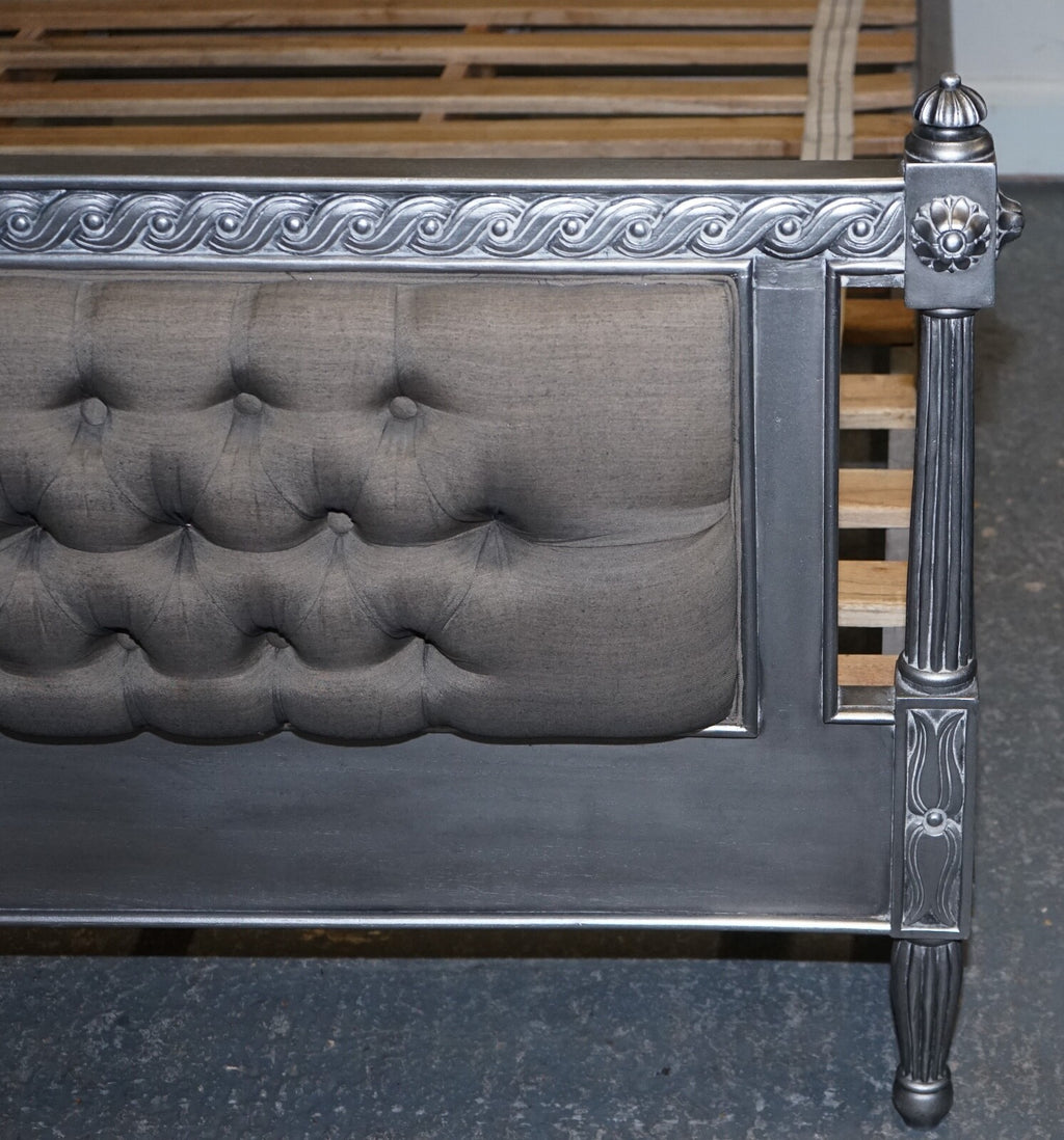 BEAUTIFUL FRENCH SILVER FRAME BUTTON BACKED KING SIZE WOODEN BED FRAME