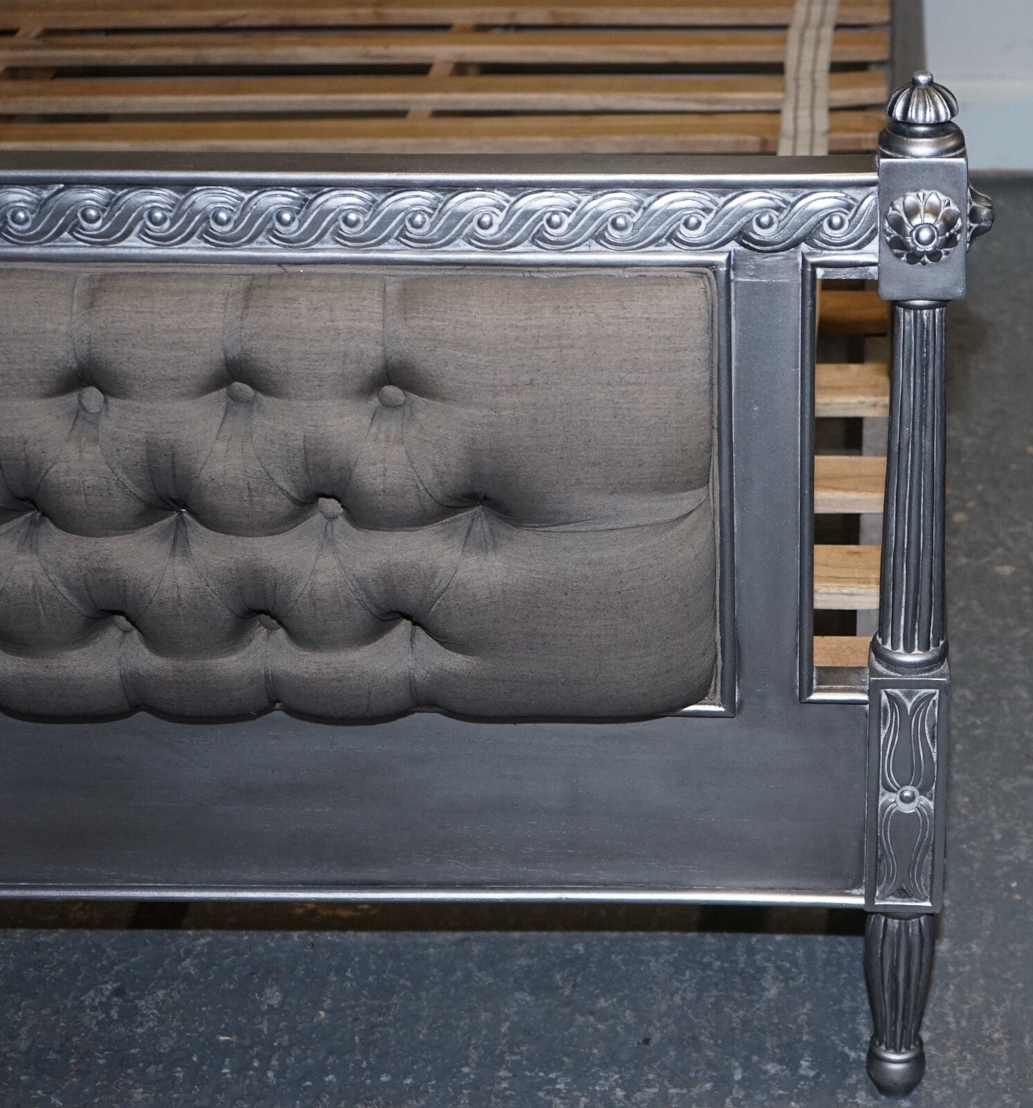 BEAUTIFUL FRENCH SILVER FRAME BUTTON BACKED KING SIZE WOODEN BED FRAME