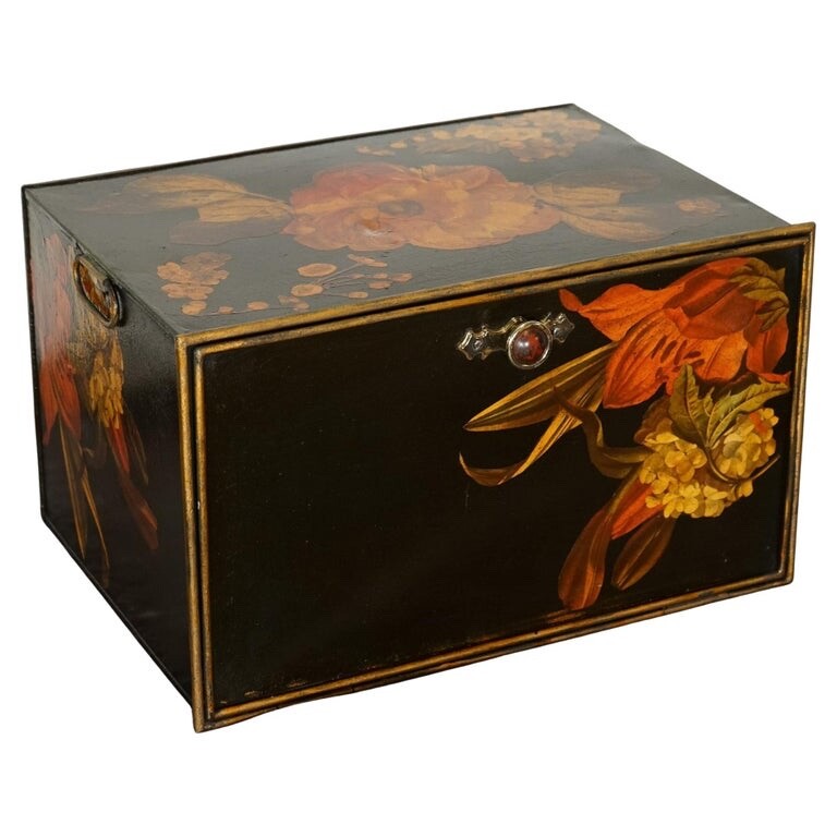 VERY DECORATIVE VINTAGE SHAW & SONS METAL FLORAL HAND PAINTED DESIGN STORAGE BOX