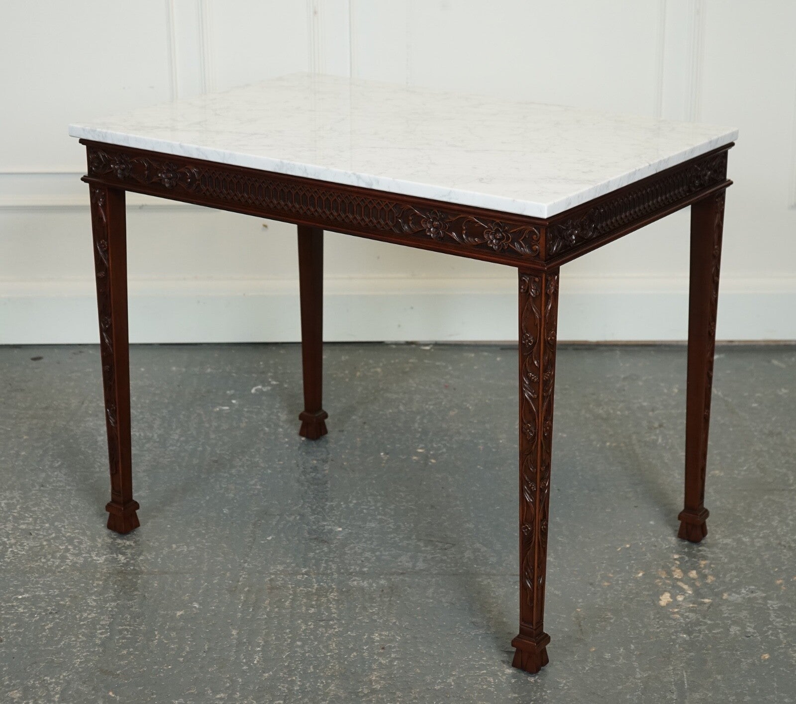 PAIR OF CHIPPENDALE STYLE CONSOLE TABLES WITH NEW WHITE CARRARA MARBLE TOPS