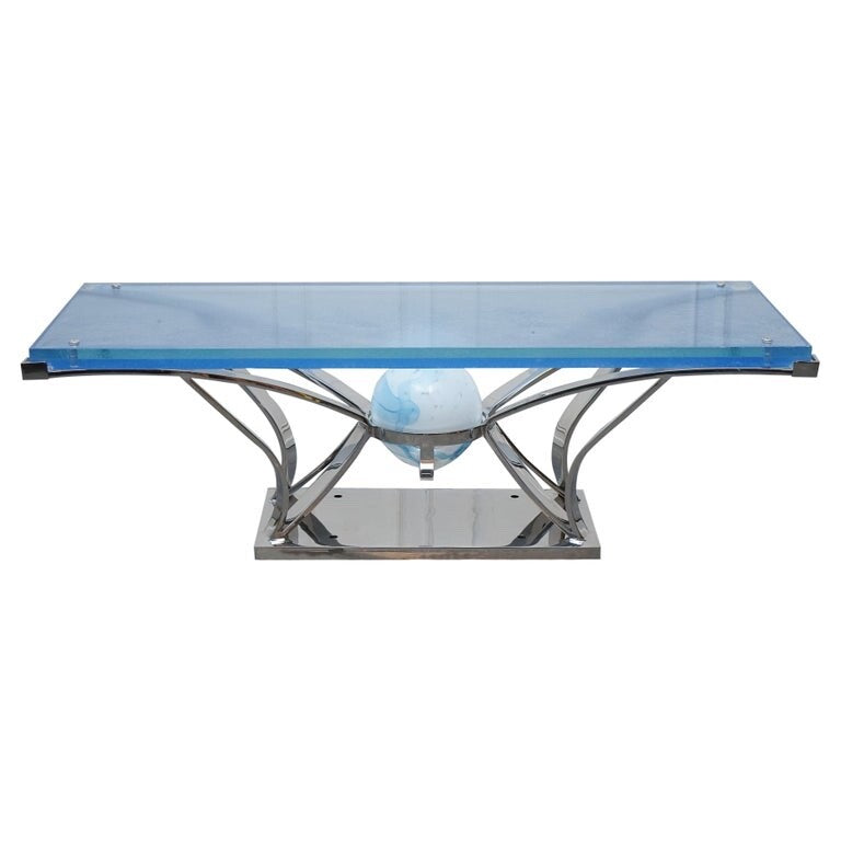 RARE CUSTOM HAND MADE GLASS MARINE GRADE STAINLESS STEEL COFFEE TABLE BY SOLIART