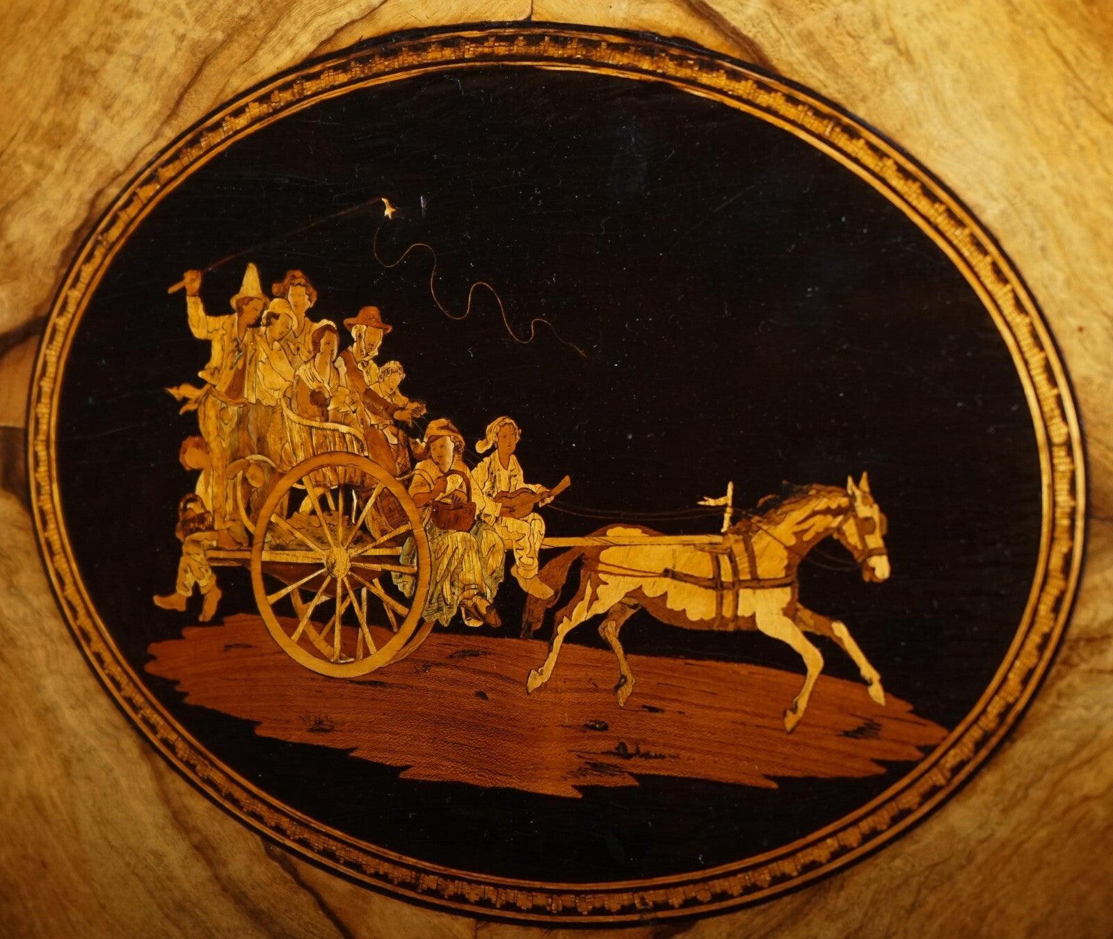 VICTORIAN DOUBLE SIDED SERVING TRAY ON BAMBOO STAND BRASS HANDLES MARQUETRY TOP