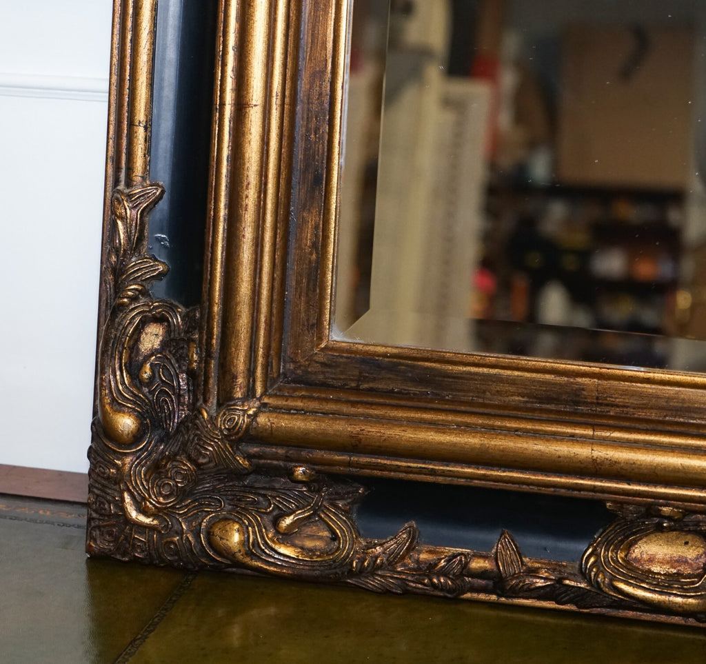 STUNNING VICTORiAN BLACK & GOLD CARVED FRAME BEVELLED MIRROR