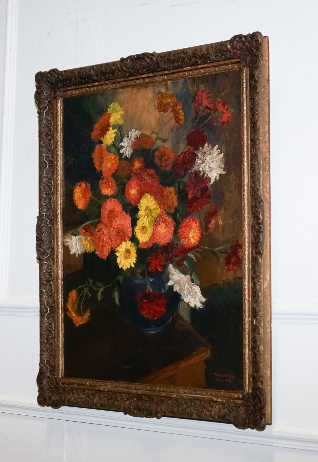 STILL LIFE PAINTING FLORAL BOUQUET GILTED FRAME SIGNED RUSSEL WHITE 1953