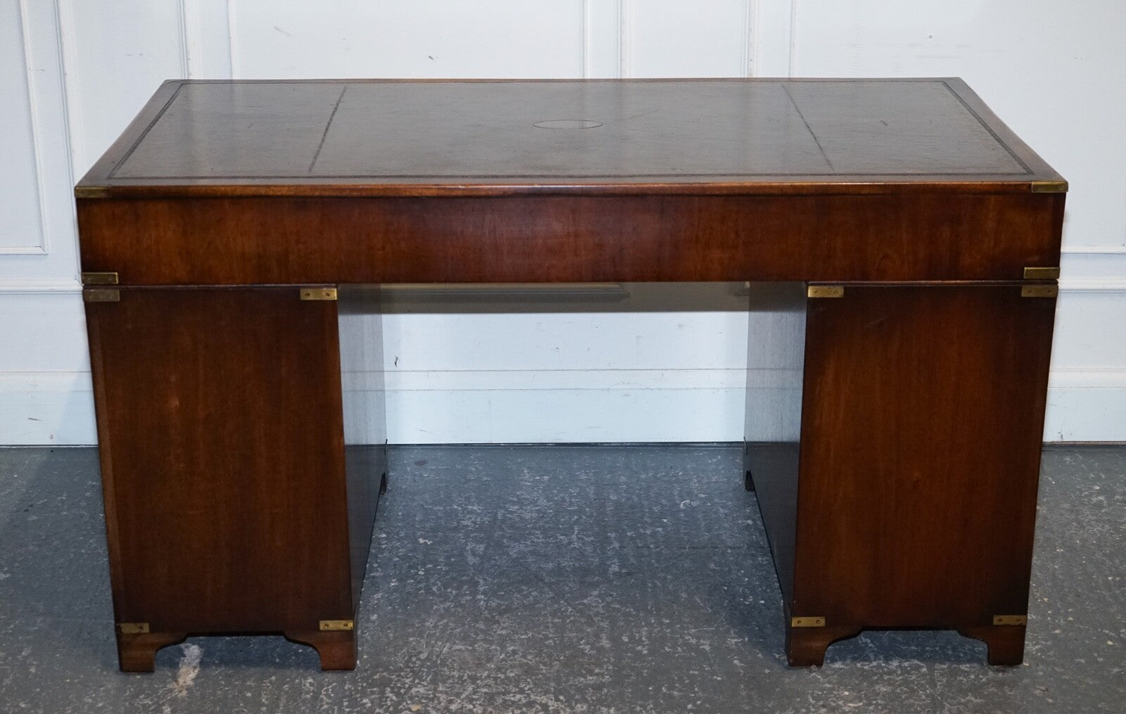 MILITARY CAMPAIGN TWIN PEDESTAL DESK WITH AGED GREEN LEATHER TOP BEVAN FUNELL