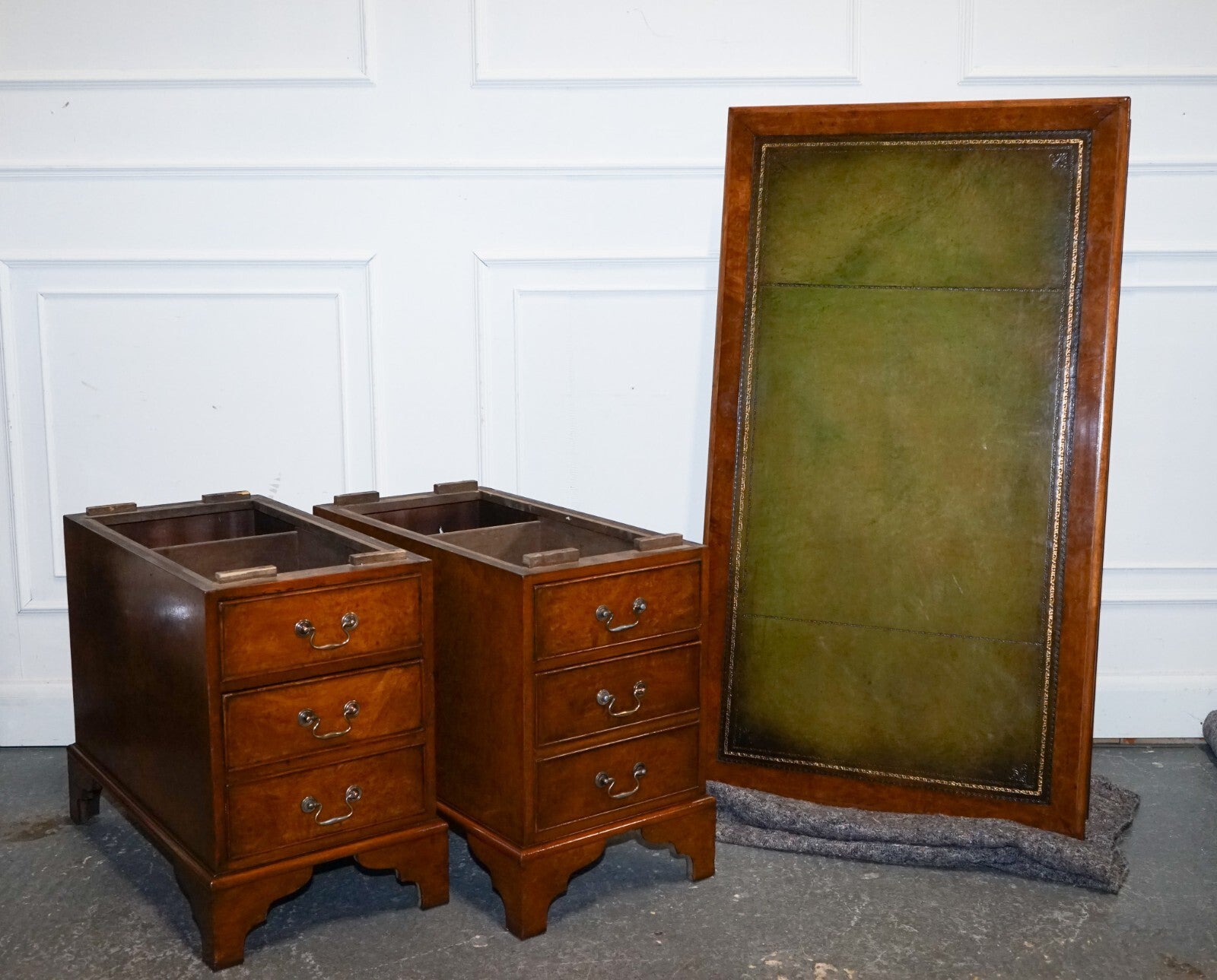 ONE OF A KiND RESTORED VICTORIAN BURR WALNUT HAND DYED LEATHER PEDESTAL DESK