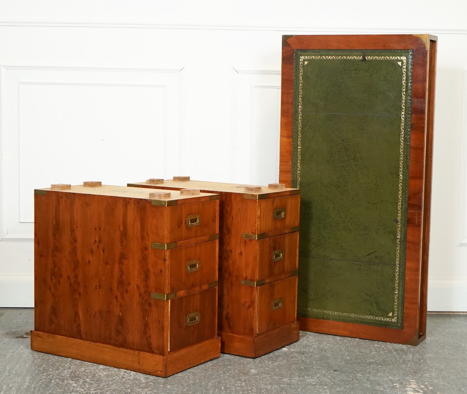 VINTAGE BURR YEW CAMPAIGN MILITARY GREEN LEATHER TWIN PEDESTAL DESK BRASS