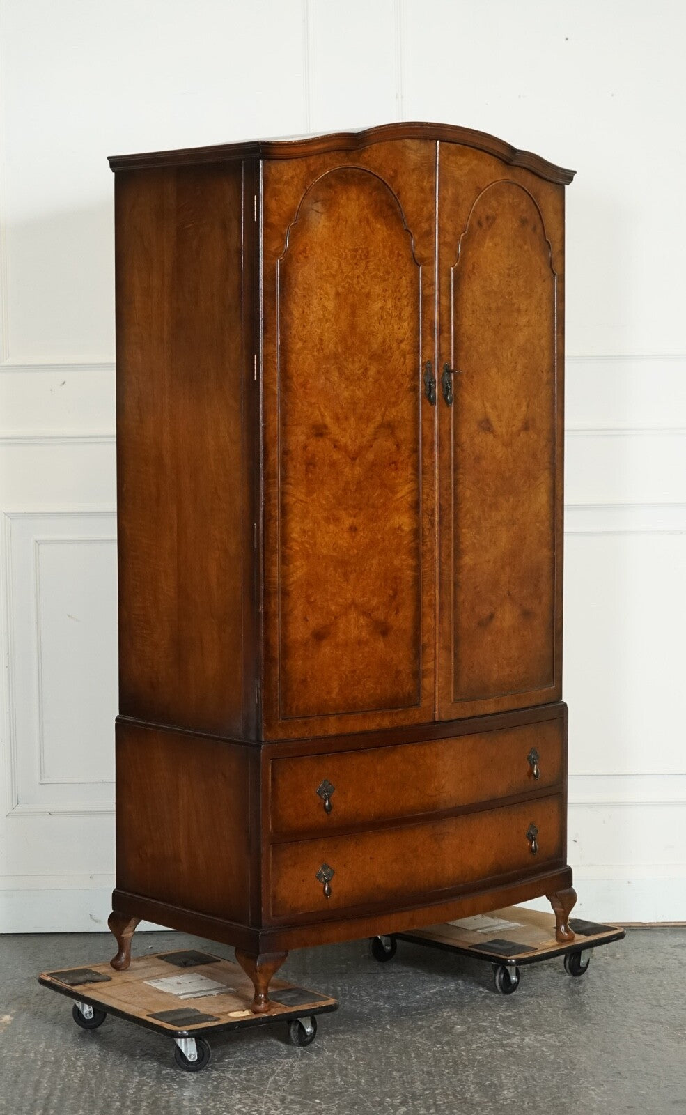 ViNTAGE ART DECO WARDROBE MADE BY MAPLE & CO TWO LARGE DRAWERS QUEEN ANNE LEGS