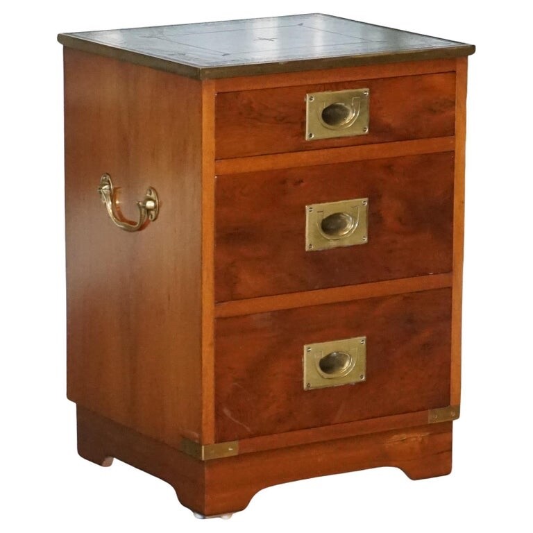 MILITARY CAMPAIGN BEDSIDE NIGHTSTAND END TABLE GREEN LEATHER TOP