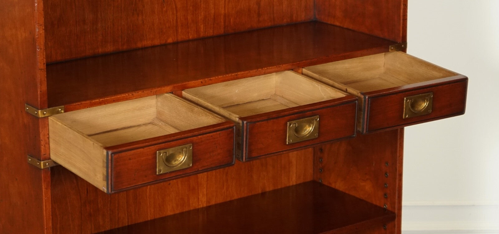 HARRODS LONDON KENNEDY THREE DRAWERS BURR YEW WOOD & BRASS MILITARY BOOKCASE