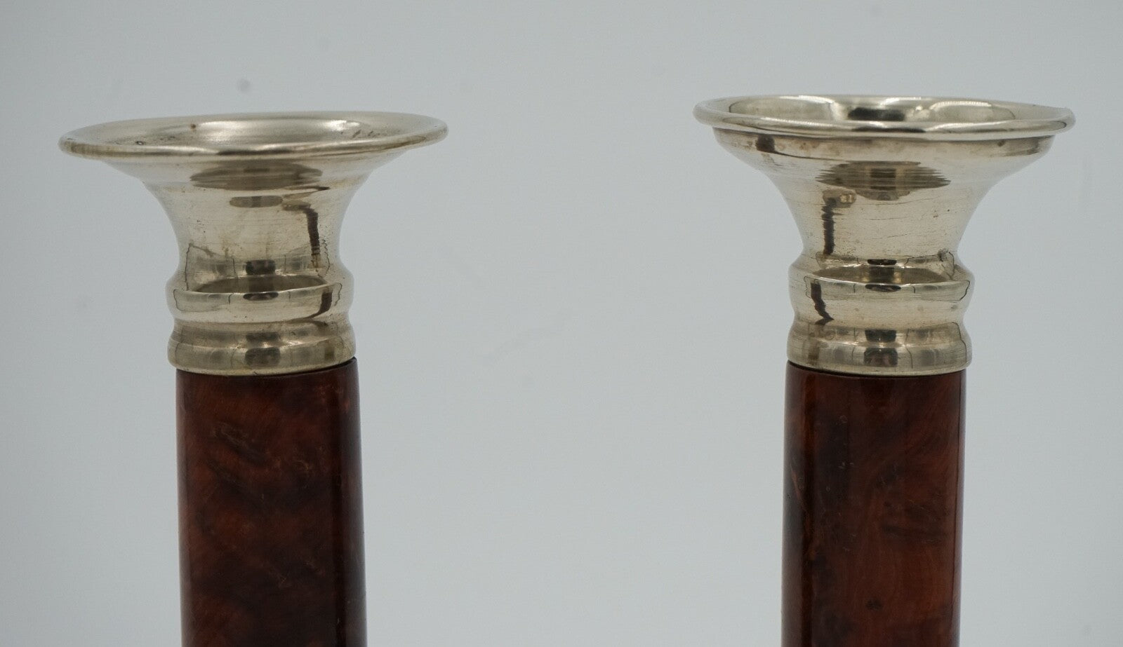 PAIR OF LOVELY DECORATIVE ART DECO BURR WALNUT CANDLESTICKS