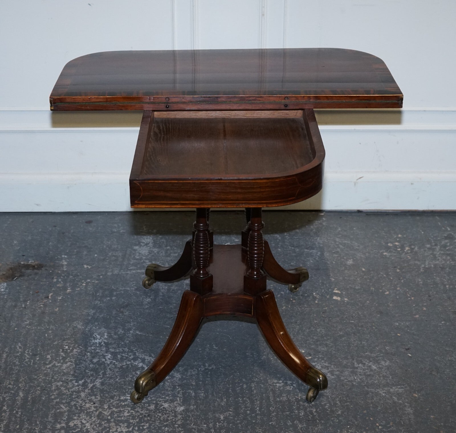 FULLY RESTORED GEORGIAN GAMES CARD FOLDING TABLE ON ORIGINAL BRASS CASTORS