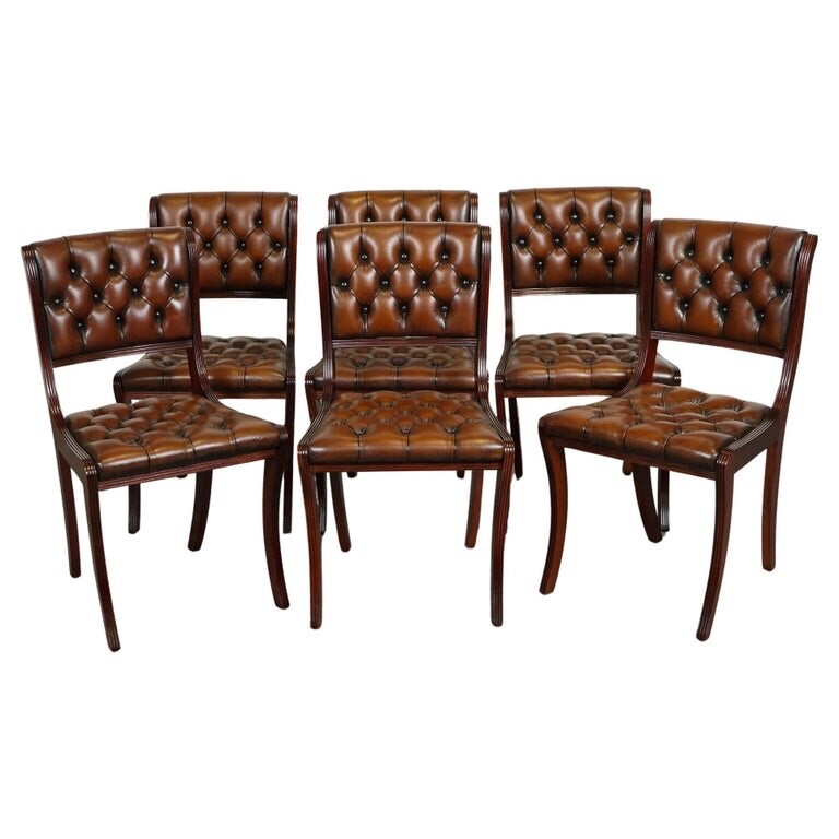 SET OF 6 RESTORED CHESTERFIELD LEATHER DINING CHAIRS J1