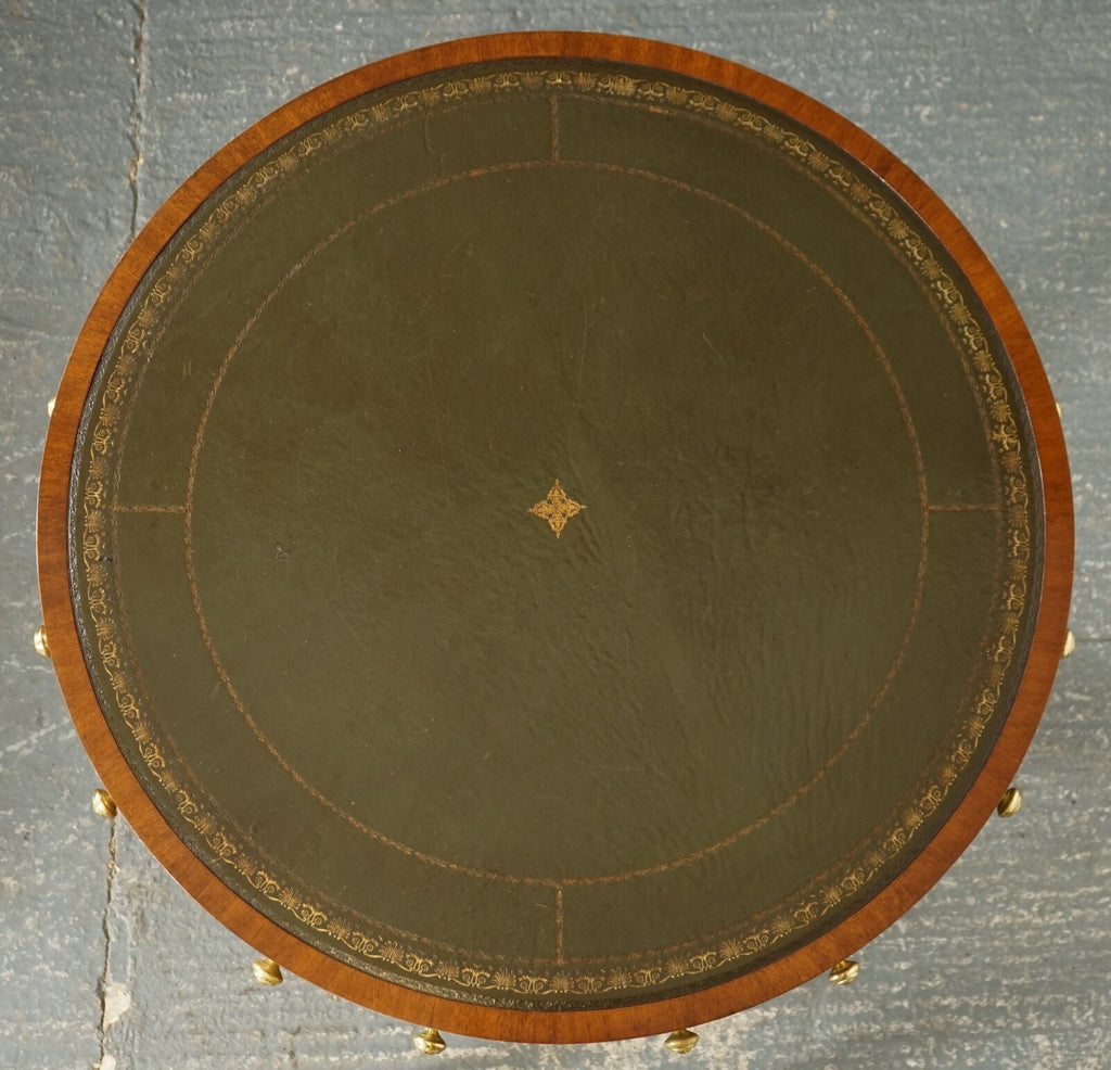 FINE RESTORED REGENCY STYLE DRUM TOP LIBRARY TABLE WITH AGED GREEN LEATHER TOP