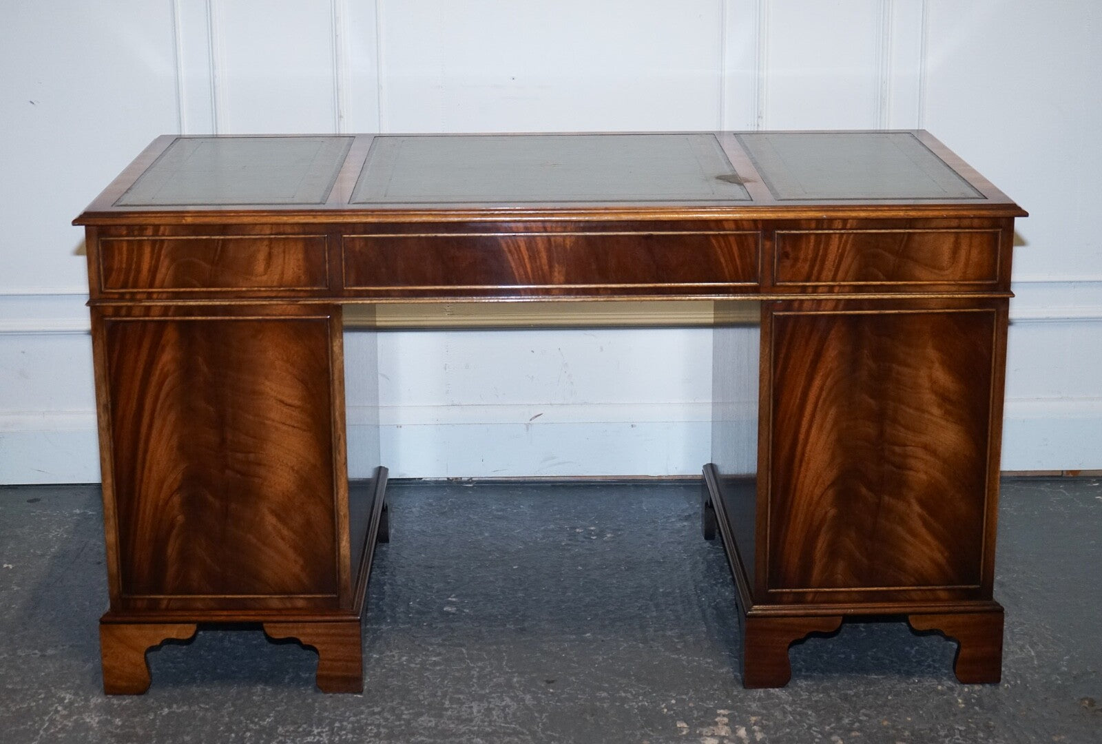 VINTAGE BEVAN FUNNELL SAGE BLUE GOLD EMBOSSED LEATHER TOP PEDESTAL DESK