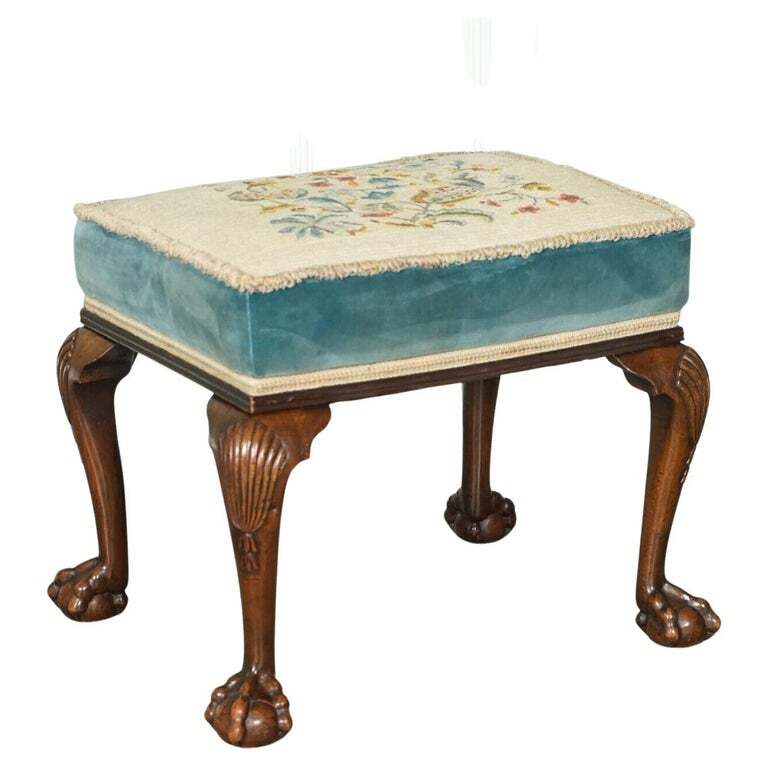 FINE LATE VICTORIAN FLOWER UPHOLSTERY CLAW AND BALL FOOT STOOL