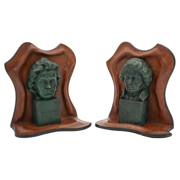 VERY RARE MOZART AND BEETHOVEN LEATHER BOOKENDS WITH LOVELY PATINA