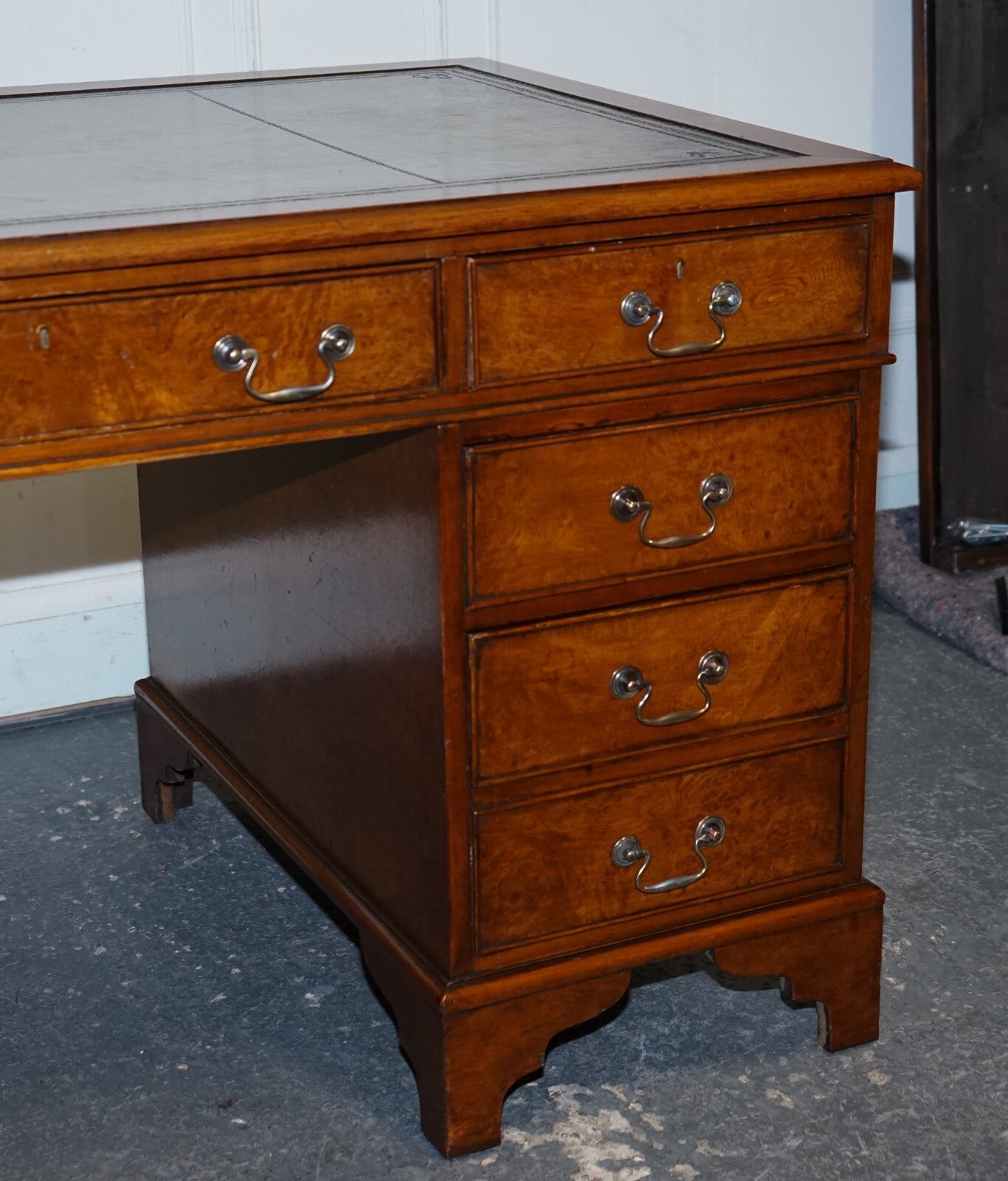 ONE OF A KiND RESTORED VICTORIAN BURR WALNUT HAND DYED LEATHER PEDESTAL DESK