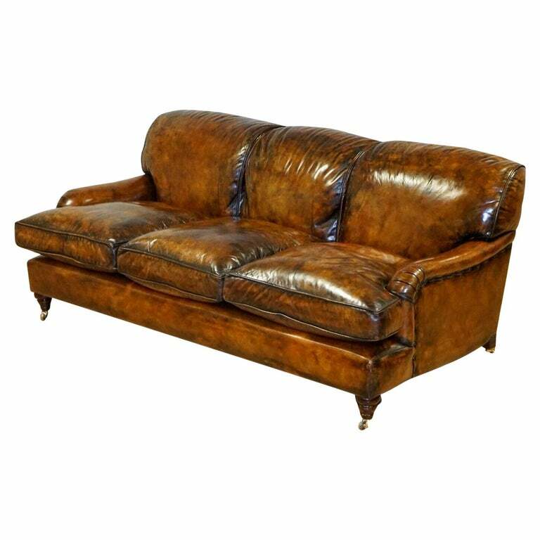 FULLY RESTORED HAND DYED LEATHER SOFA HOWARD & SONS STYLE FEATHER FILLED