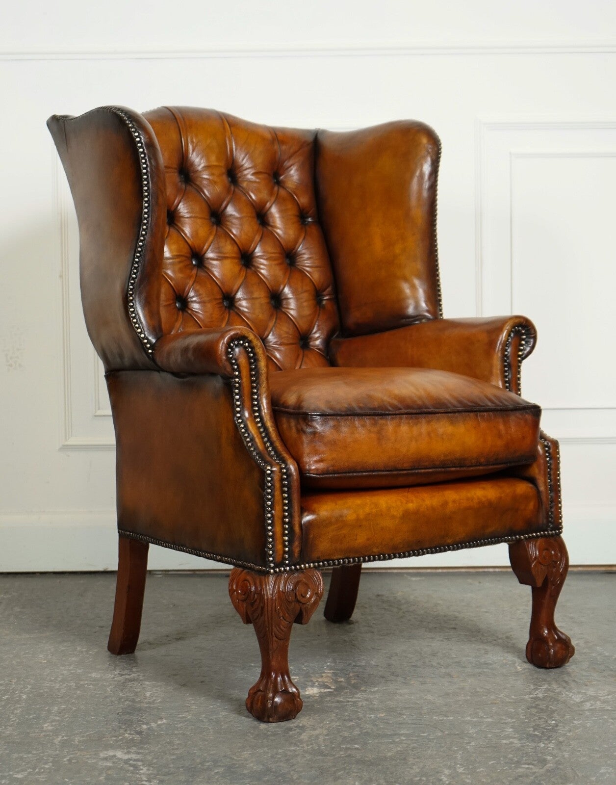 RESTORED PAIR OF HAND DYED BROWN LEATHER CHESTERFiELD WINGBACK ARMCHAIRS
