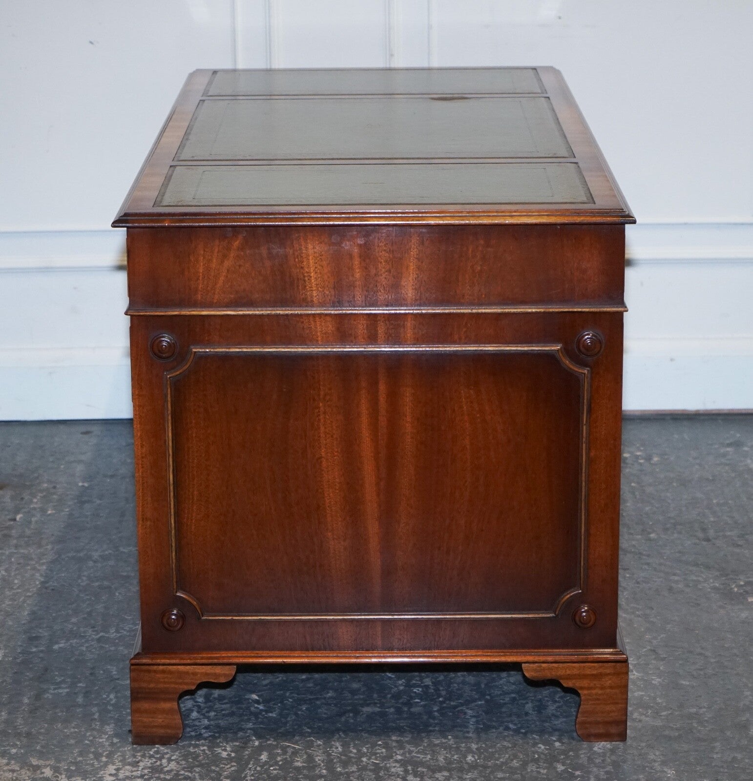 VINTAGE BEVAN FUNNELL SAGE BLUE GOLD EMBOSSED LEATHER TOP PEDESTAL DESK