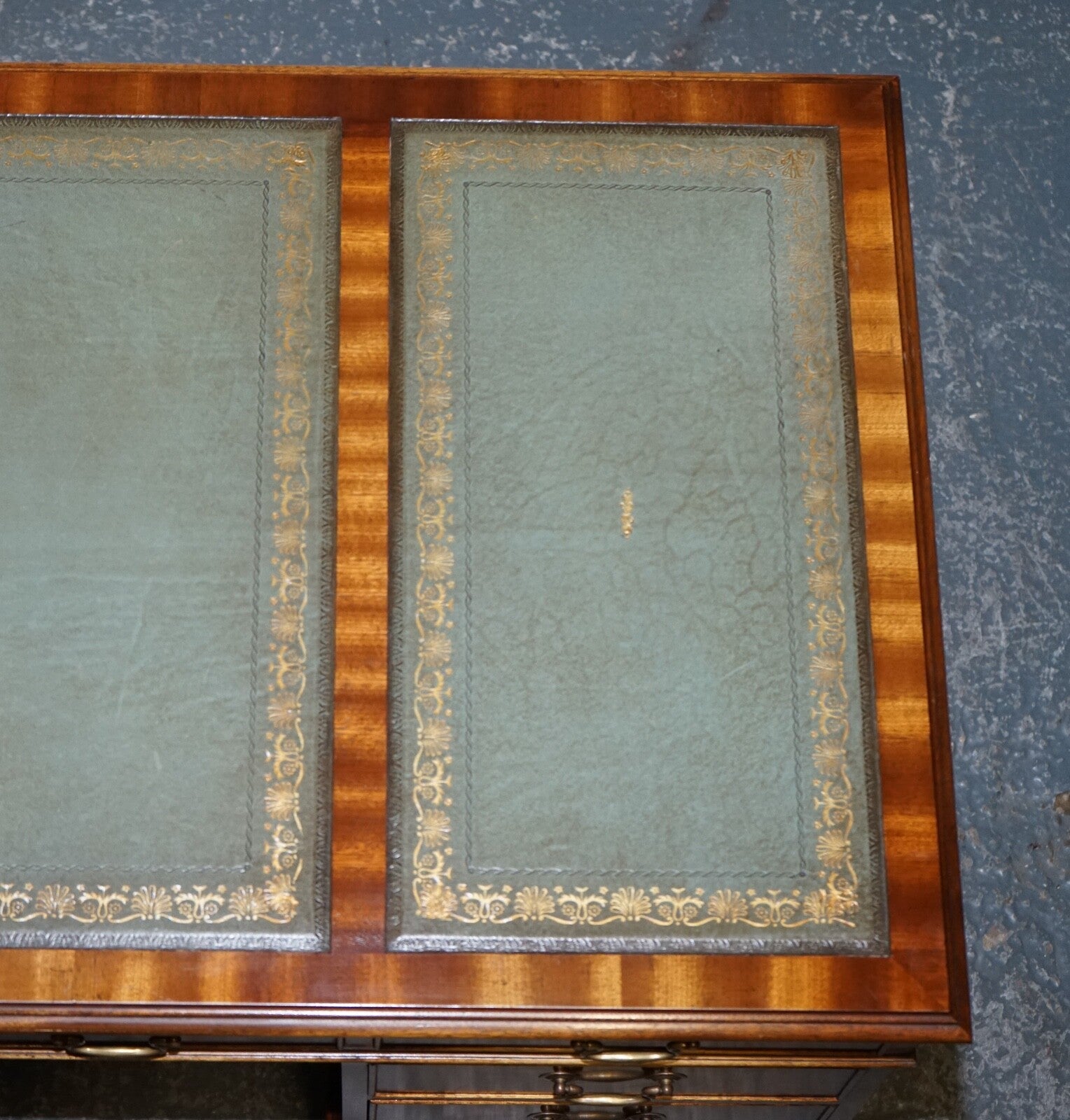 VINTAGE BEVAN FUNNELL SAGE BLUE GOLD EMBOSSED LEATHER TOP PEDESTAL DESK