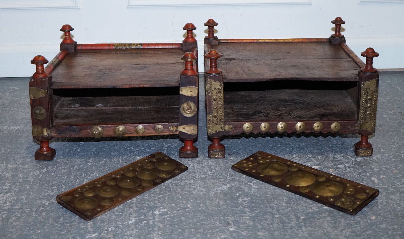 ANTIQUE PRIMITIVE ORIENTAL ASIAN SIDE TABLES HAND PAINTED VERY DECORATIVE