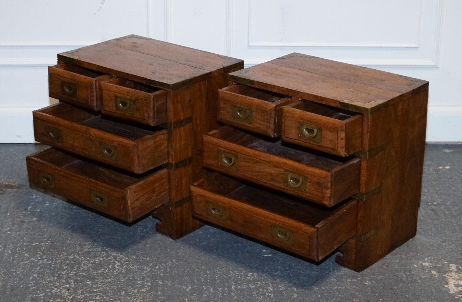 PAIR VINTAGE MILITARY CAMPAIGN BEDSIDE TABLES NIGHTSTANDS