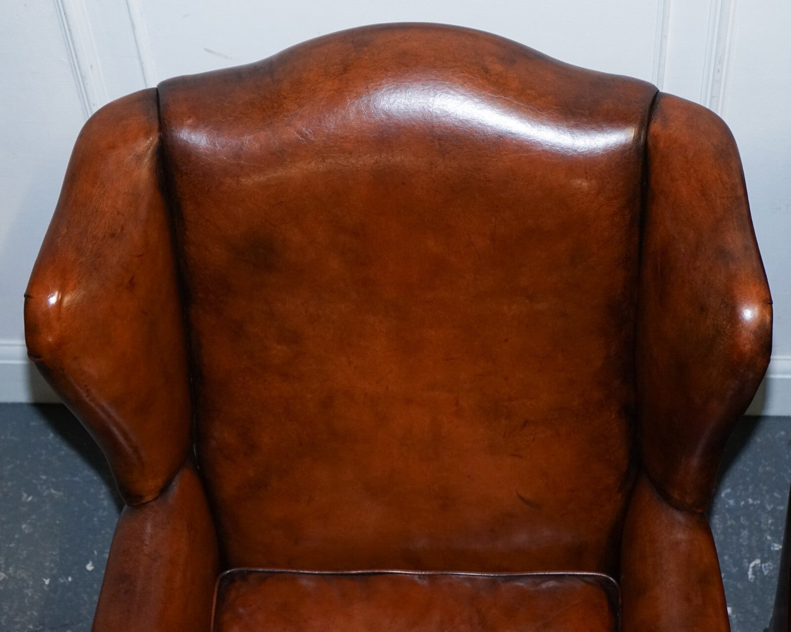 ANTIQUE PAIR OF DUTCH HAND DYED BROWN CATTLE LEATHER WINGBACK ARMCHAIRS