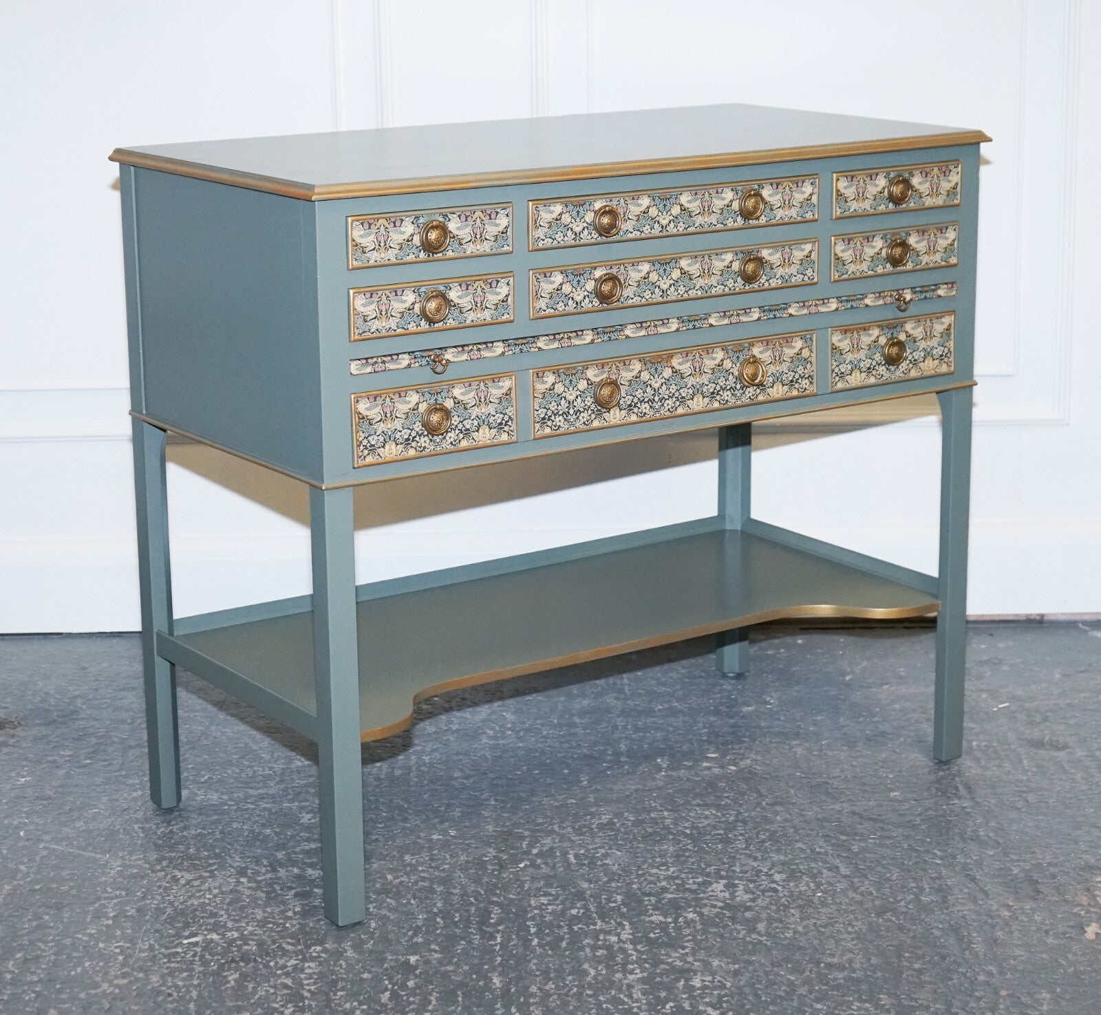 EUCALYPTUS GREEN & GOLD CONSOLE TABLE SIDEBOARD STRAWBERRY THIEF WILLIAM MORRIS