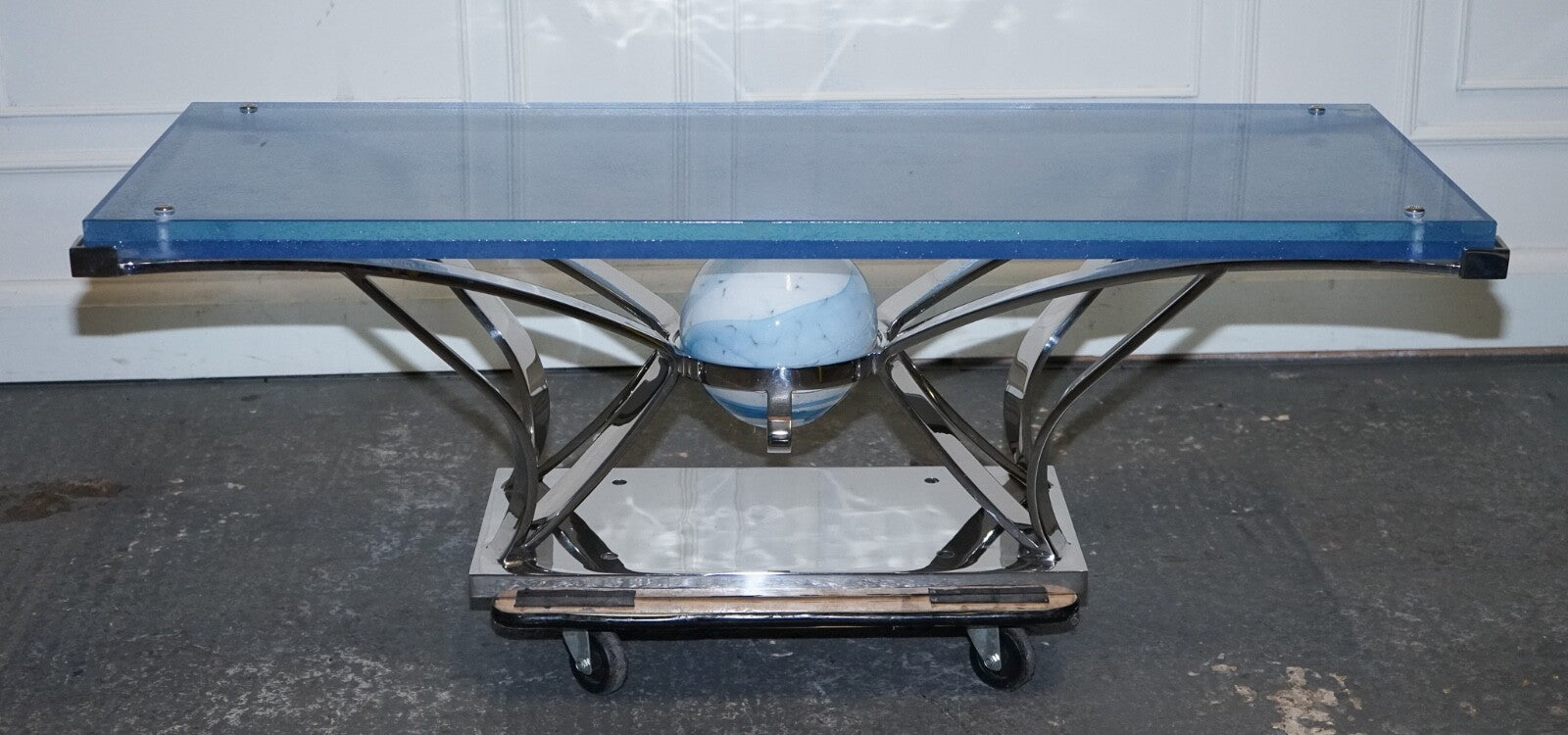 RARE CUSTOM HAND MADE GLASS MARINE GRADE STAINLESS STEEL COFFEE TABLE BY SOLIART
