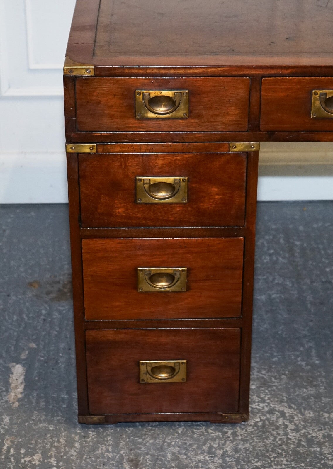 FULLY RESTORED BEVAN FUNNELL MILITARY CAMPAIGN TWIN PEDESTAL DESK BROWN LEATHER