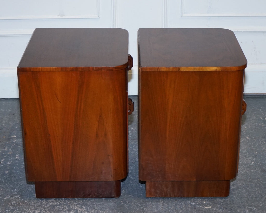 PAIR OF 1930'S ART DECO BURR WALNUT BEDSIDE TABLES NIGHTSTANDS DRAWER & CUPBOARD