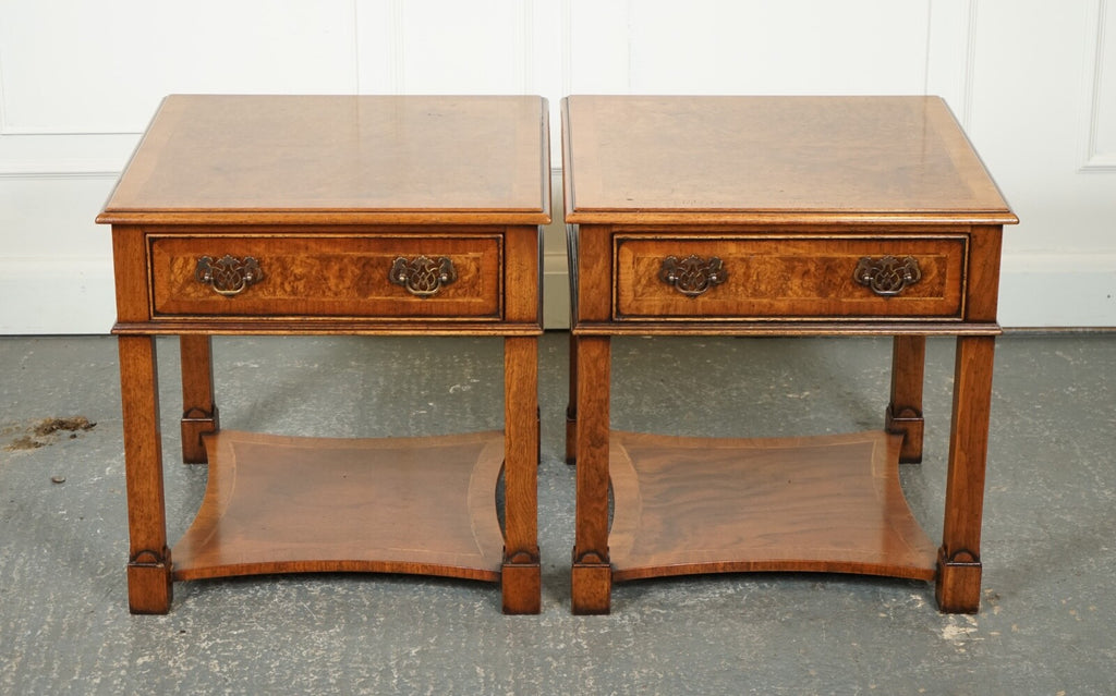 PAIR BURR WALNUT BEDSIDE NIGHTSTANDS END SIDE LAMP TABLES BRIGHTS OF NETTLEBED