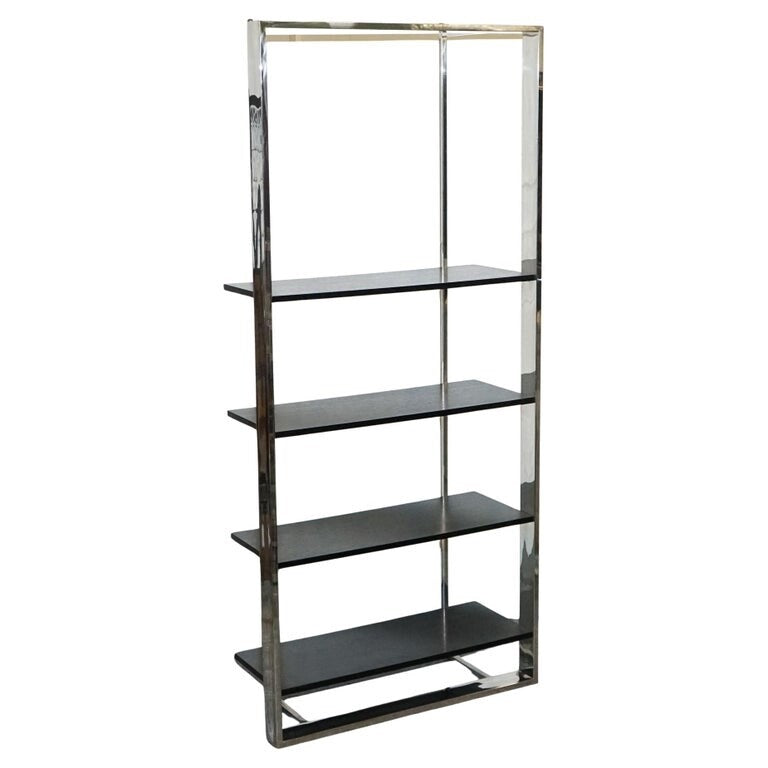 POLISHED STAINLESS STEEL BLACK AND SILVER ART DECO STYLE BOOKCASE SHELF DISPLAY