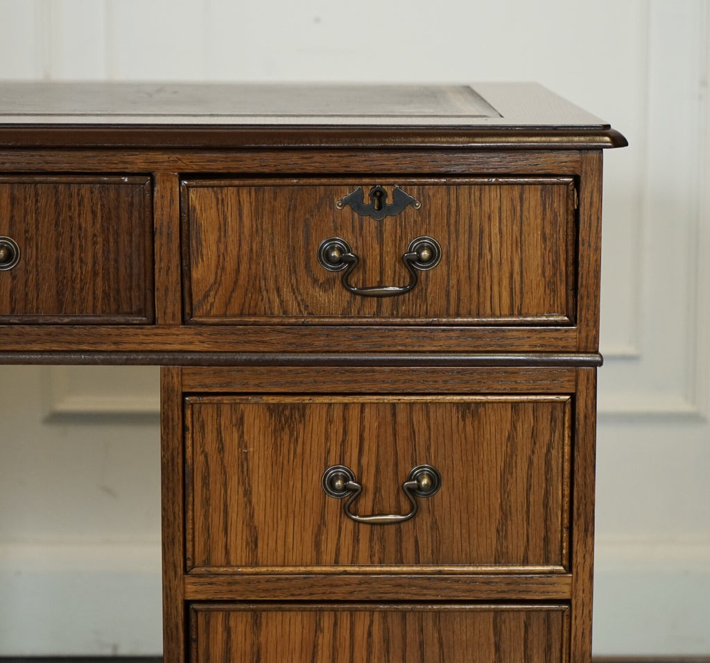 VINTAGE OAK OFFICE PEDESTAL DESK BROWN LEATHER TOP PART OF SUITE