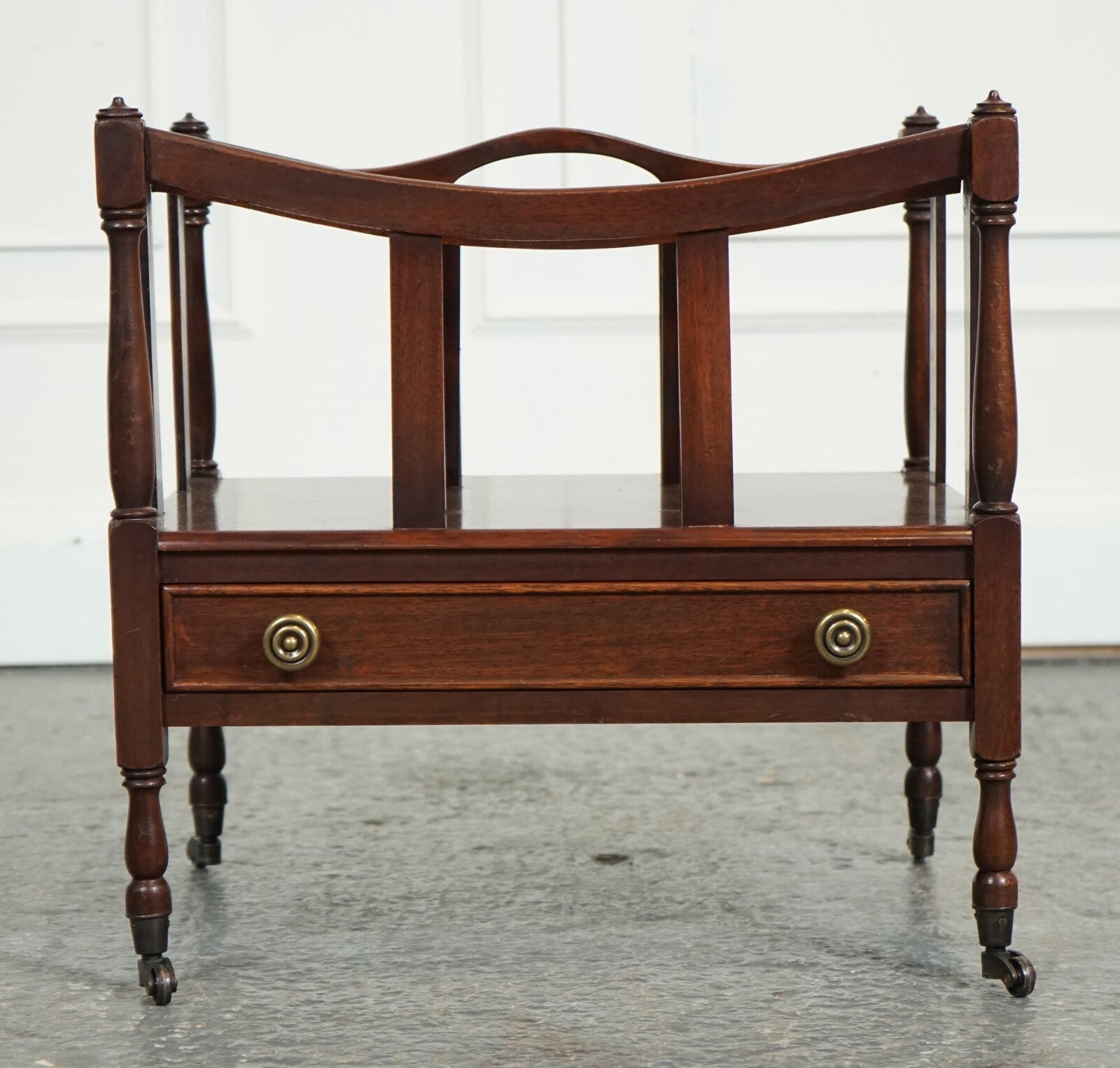 VINTAGE MAHOGANY CANTERBURY NEWSPAPER RACK WITH BRASS HANDLES
