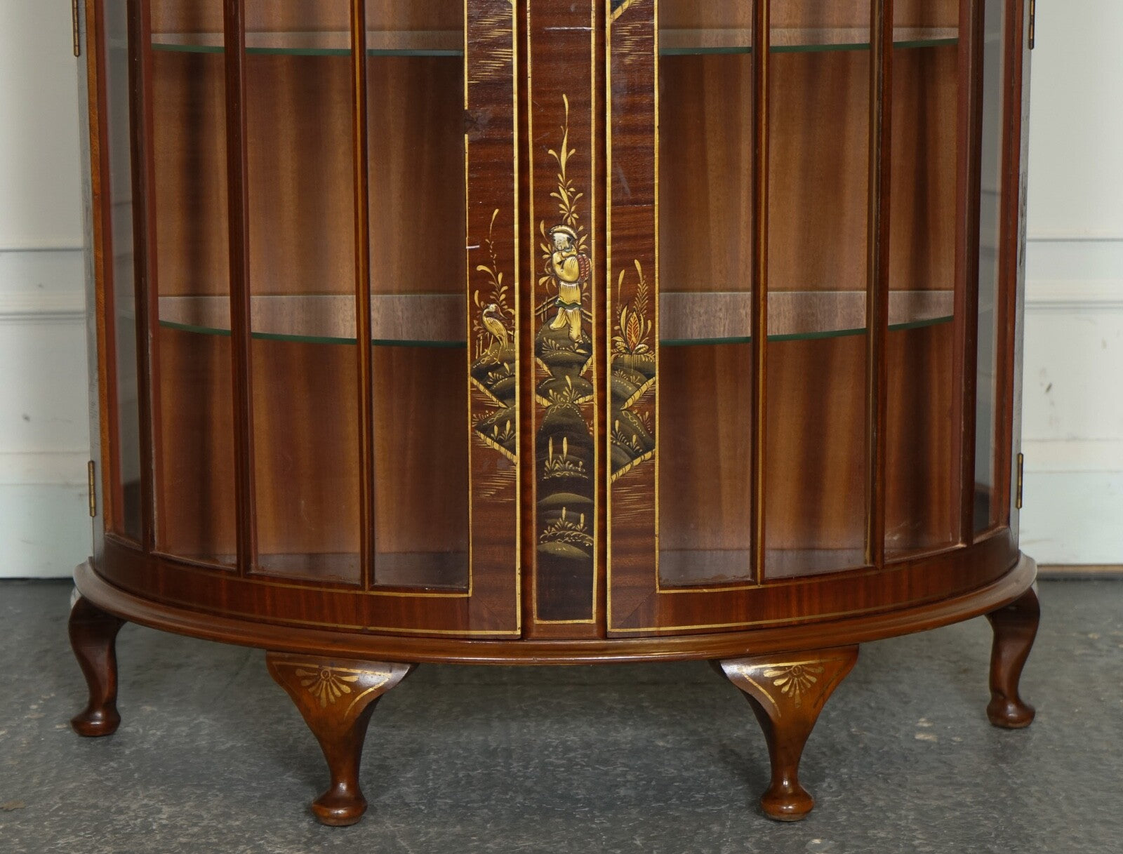 ORIENTAL CHINESE DWARF BOW FRONT DISPLAY CABINET WITH GLASS SHELVES