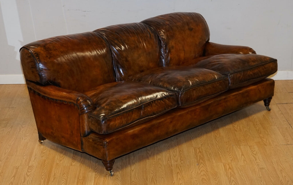 FULLY RESTORED HAND DYED LEATHER SOFA HOWARD & SONS STYLE FEATHER FILLED