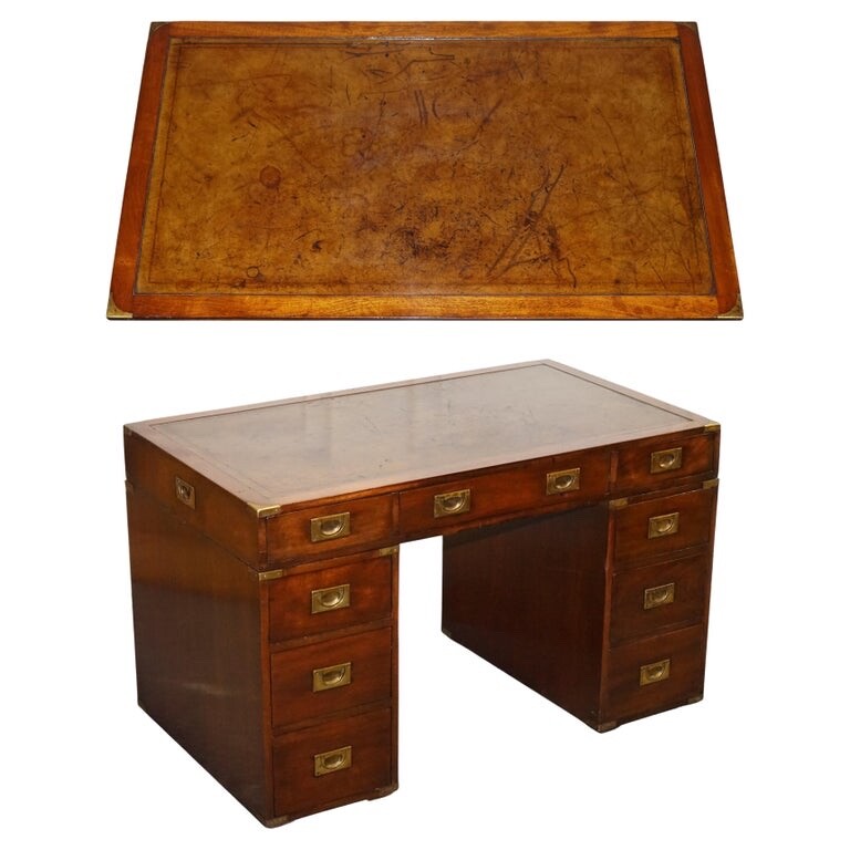 FULLY RESTORED BEVAN FUNNELL MILITARY CAMPAIGN TWIN PEDESTAL DESK BROWN LEATHER
