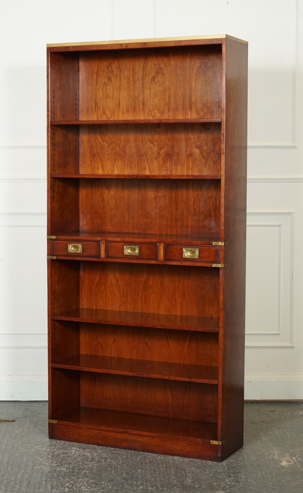 HARRODS LONDON KENNEDY THREE DRAWERS BURR YEW WOOD & BRASS MILITARY BOOKCASE