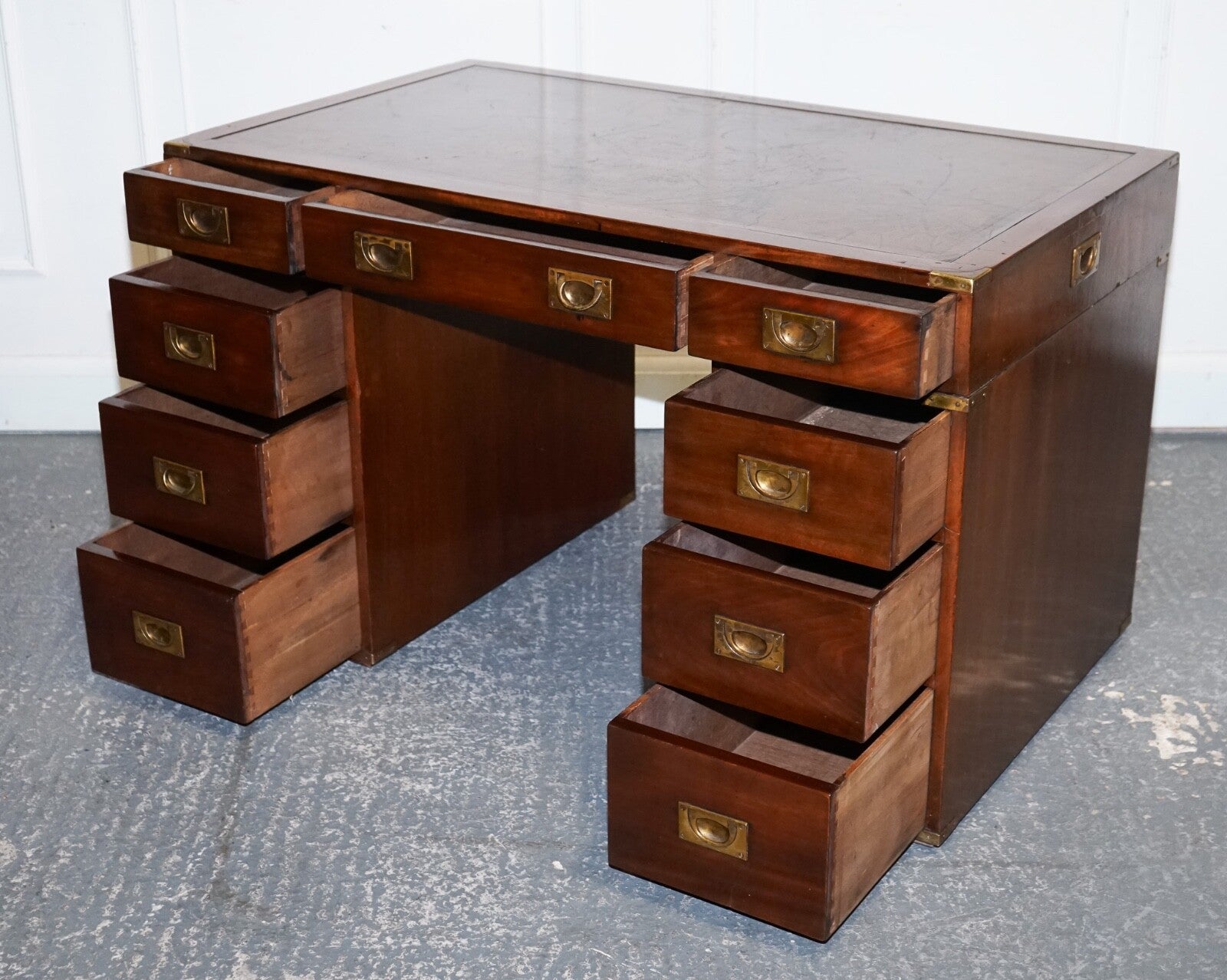 FULLY RESTORED BEVAN FUNNELL MILITARY CAMPAIGN TWIN PEDESTAL DESK BROWN LEATHER