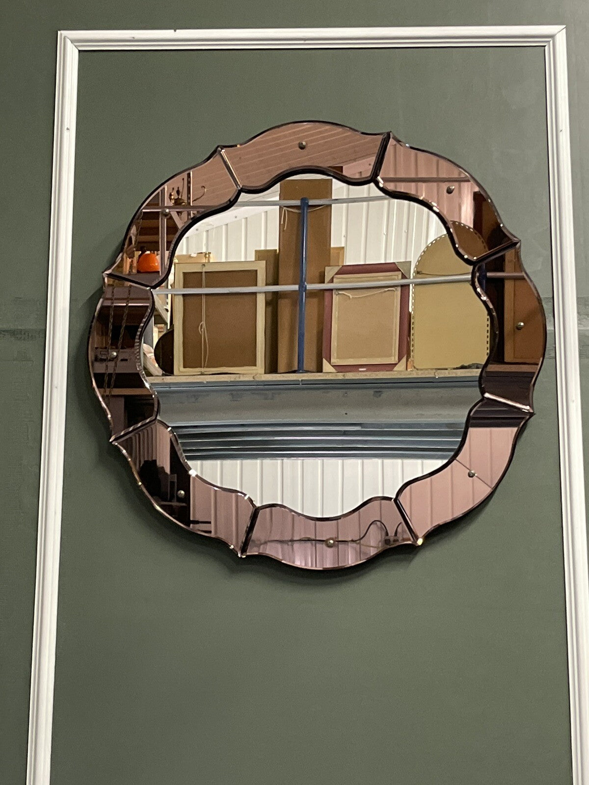 STUNNING FRENCH ART DECO 1920'S CONVEX PEACH COLOURED WALL MIRROR