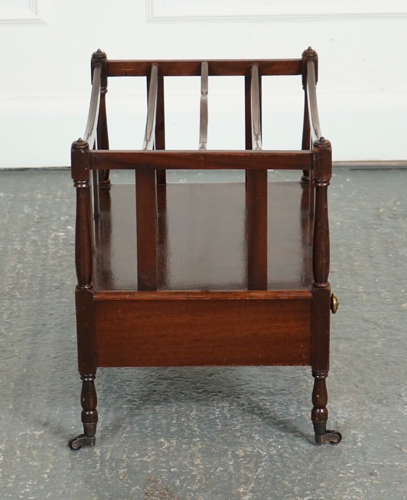 VINTAGE MAHOGANY CANTERBURY NEWSPAPER RACK WITH BRASS HANDLES