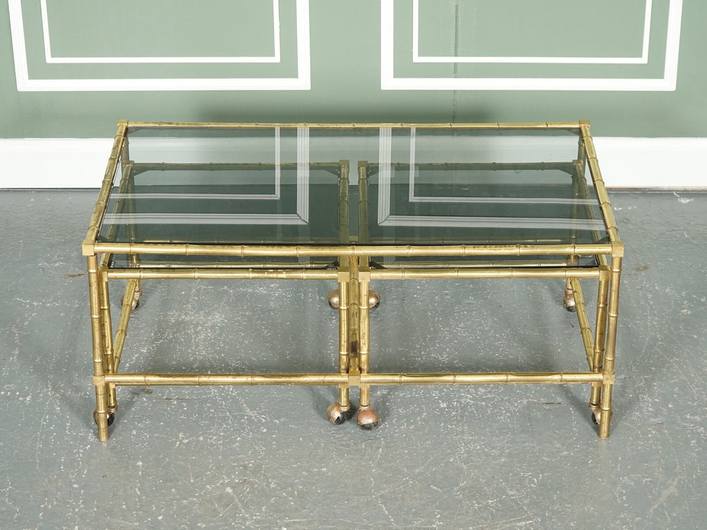 HOLLYWOOD REGENCY GOLDEN BAMBOO COFFEE TABLE SET WITH 2 SIDE TABLES ON CASTORS