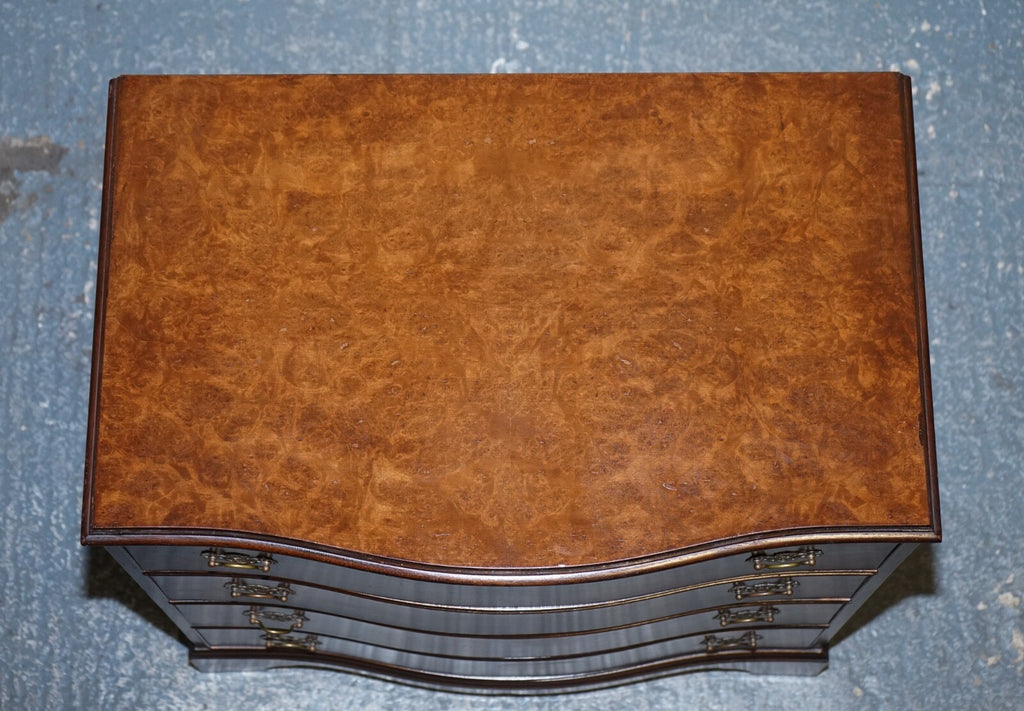 LATE 20TH CENTURY BURR WALNUT CHEST OF DRAWERS WITH BRASS HANDLES