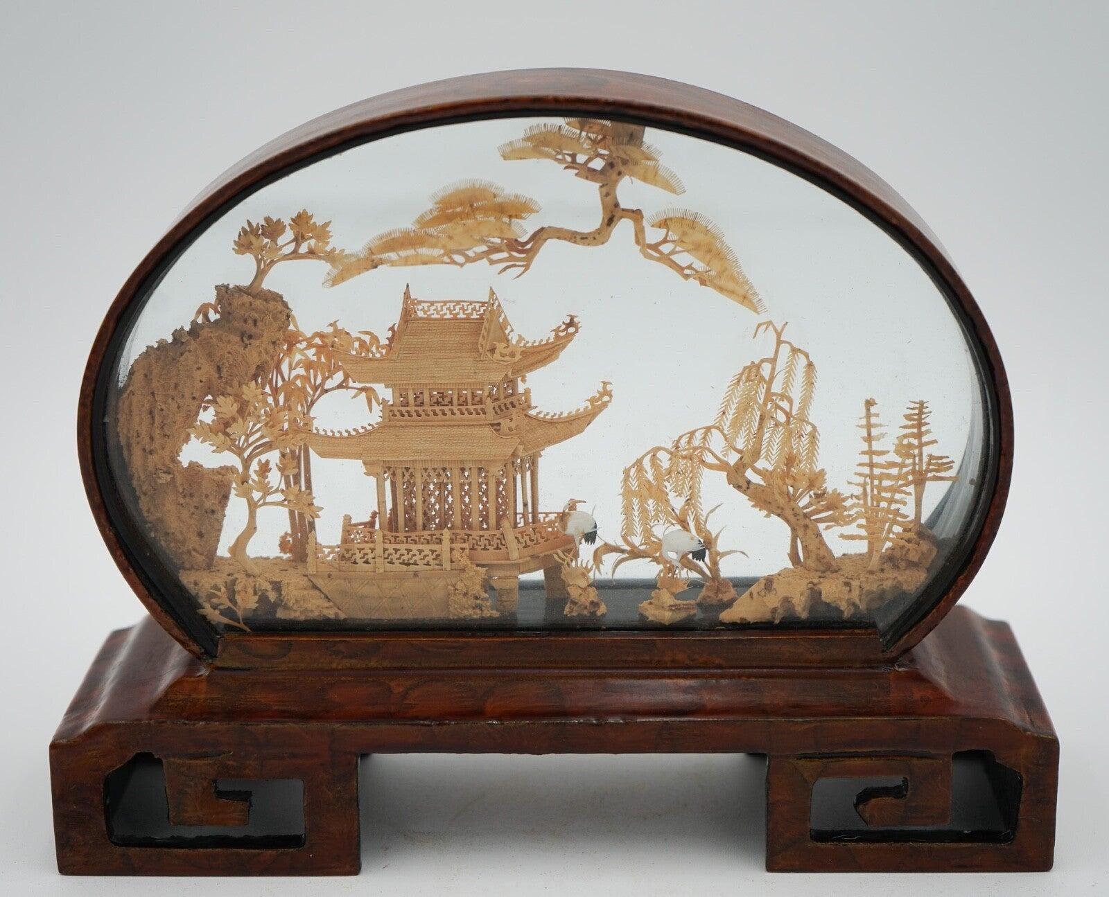 FRAMED CHINESE ORIENTAL CARVED CORK DIORAMA DISPLAY SCULPTURE VERY DECORATIVE