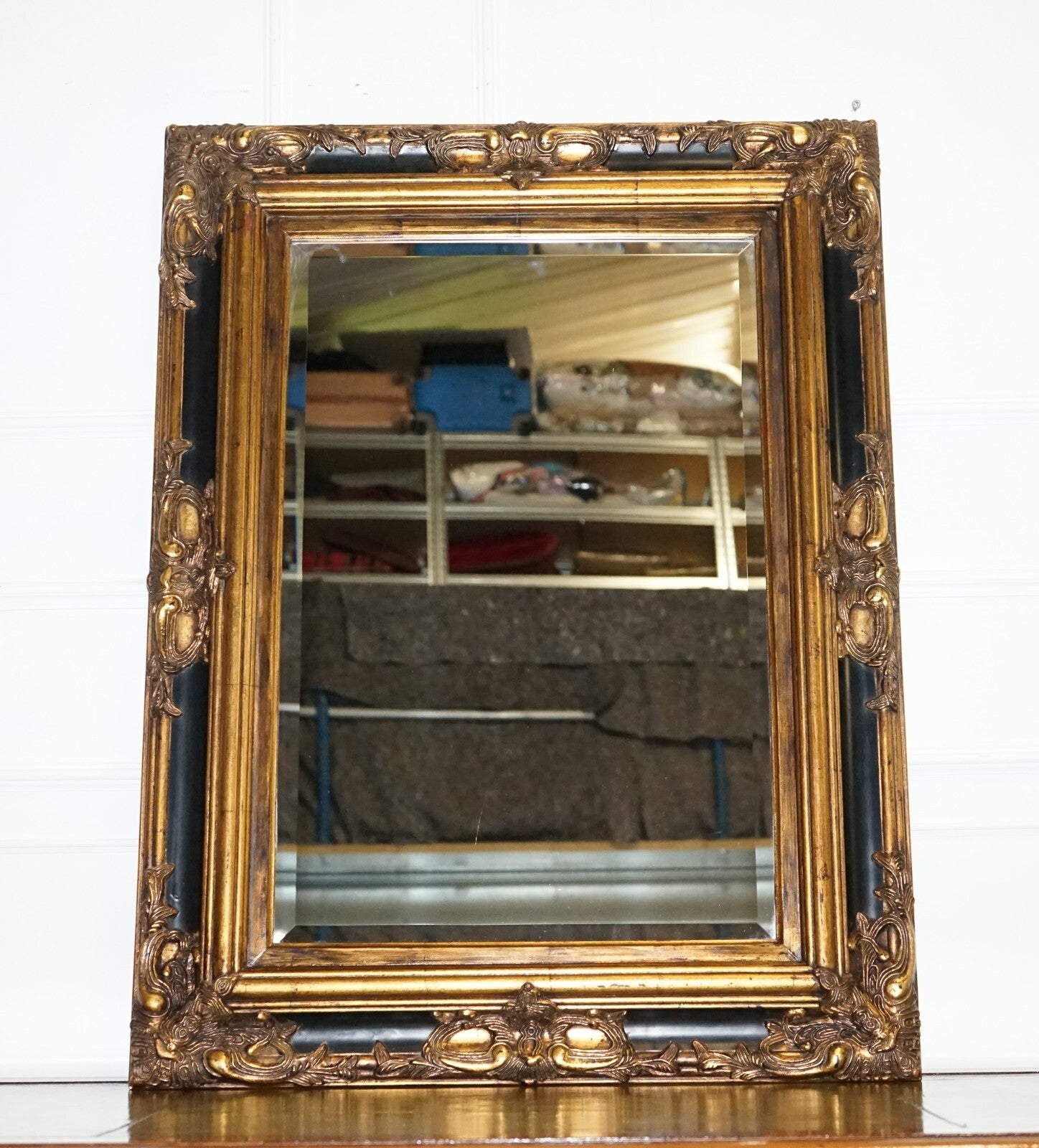 STUNNING VICTORiAN BLACK & GOLD CARVED FRAME BEVELLED MIRROR