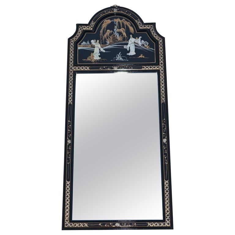 VINTAGE CHINESE ORIENTAL CHINOISERIE ORNATE LACQUERED WALL MIRROR