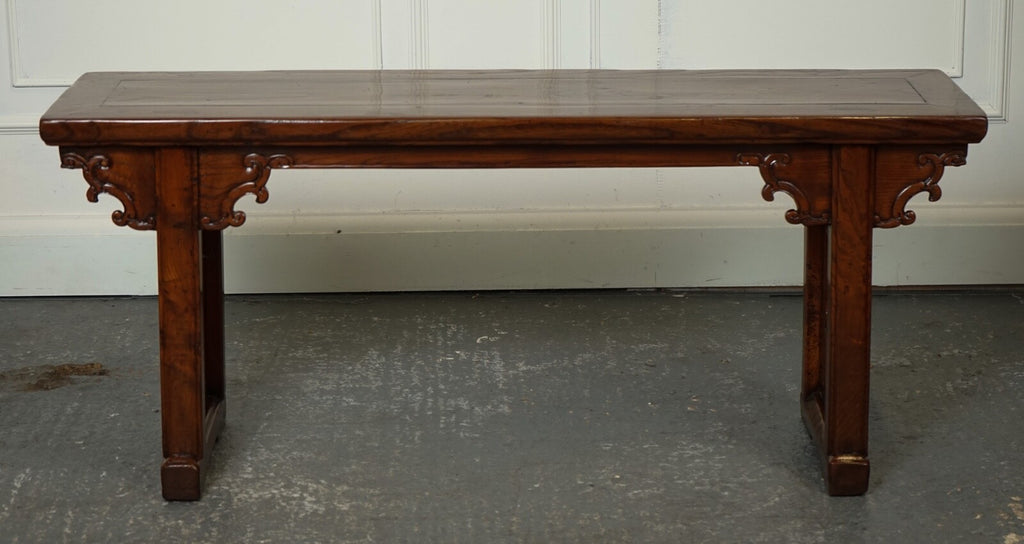 LATE 19TH CENTURY CHINESE ALTAR TABLE BENCH ELM WOOD J1